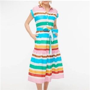 J CREW RAINBOW STRIPED COLLARED SHIRT MIDI TIE WAIST DRESS NWT